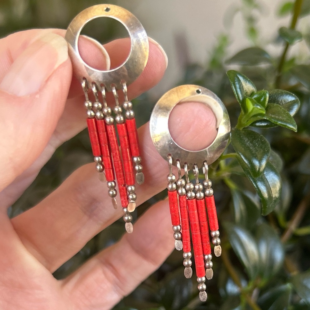 Vintage Native American Sterling Silver and Red Coral Earring Jackets